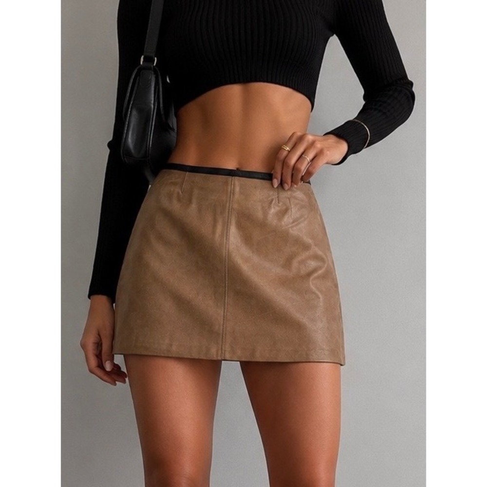 Veda Womens Tan Brown 100% Leather Mini Skirt Black Waistband Size M‎